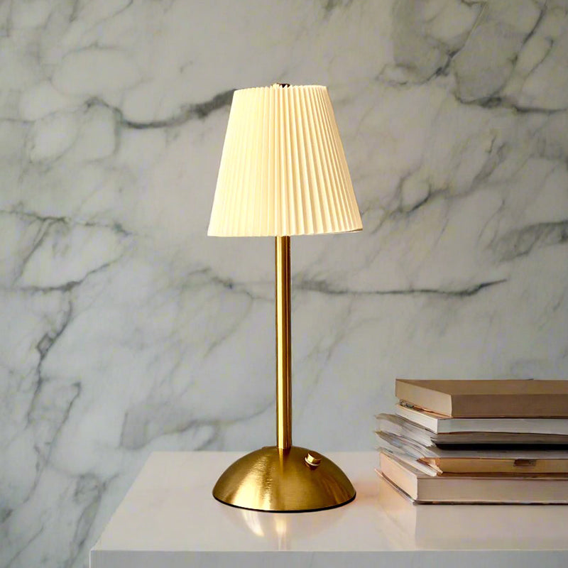 Lucent Wireless Metal Table Lamp with Gold Pleated Shade