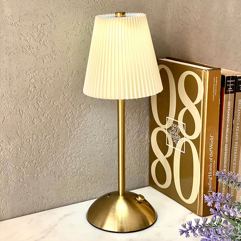 Lucent Wireless Metal Table Lamp with Gold Pleated Shade